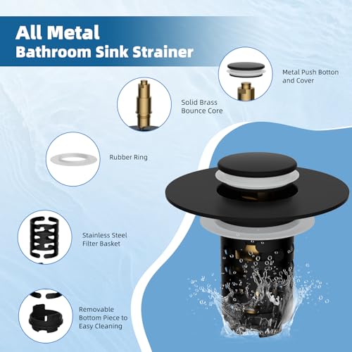iFealClear Upgraded 4-in-1 Bathroom Sink Drain Strainer, Universal Pop Up Sink Stopper with 2-Layer Detachable Hair Catcher Filter Basket, Drain Stopper Fit 1.1"-2.3" US Basin, Matte Black - Image 2