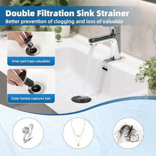 iFealClear Upgraded 4-in-1 Bathroom Sink Drain Strainer, Universal Pop Up Sink Stopper with 2-Layer Detachable Hair Catcher Filter Basket, Drain Stopper Fit 1.1"-2.3" US Basin, Matte Black - Image 4