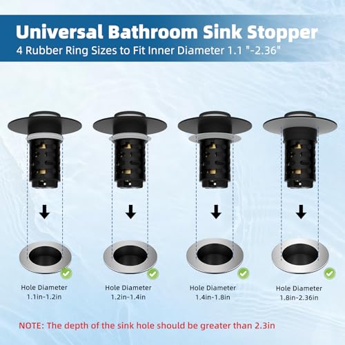 iFealClear Upgraded 4-in-1 Bathroom Sink Drain Strainer, Universal Pop Up Sink Stopper with 2-Layer Detachable Hair Catcher Filter Basket, Drain Stopper Fit 1.1"-2.3" US Basin, Matte Black - Image 5