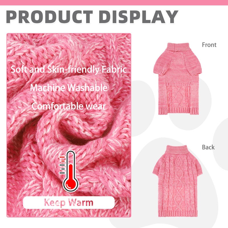 KOOLTAIL Valentines Dog Sweater for Large Medium Small Dogs, Turtleneck Cable Knitwear Pet Cold Weather Coats with Leash Hole, Warm Winter Pullover Clothes for Bulldog, Yorkie,Boy Girl, Pink L - Image 3