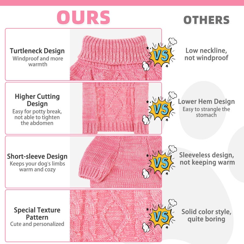 KOOLTAIL Valentines Dog Sweater for Large Medium Small Dogs, Turtleneck Cable Knitwear Pet Cold Weather Coats with Leash Hole, Warm Winter Pullover Clothes for Bulldog, Yorkie,Boy Girl, Pink L - Image 5