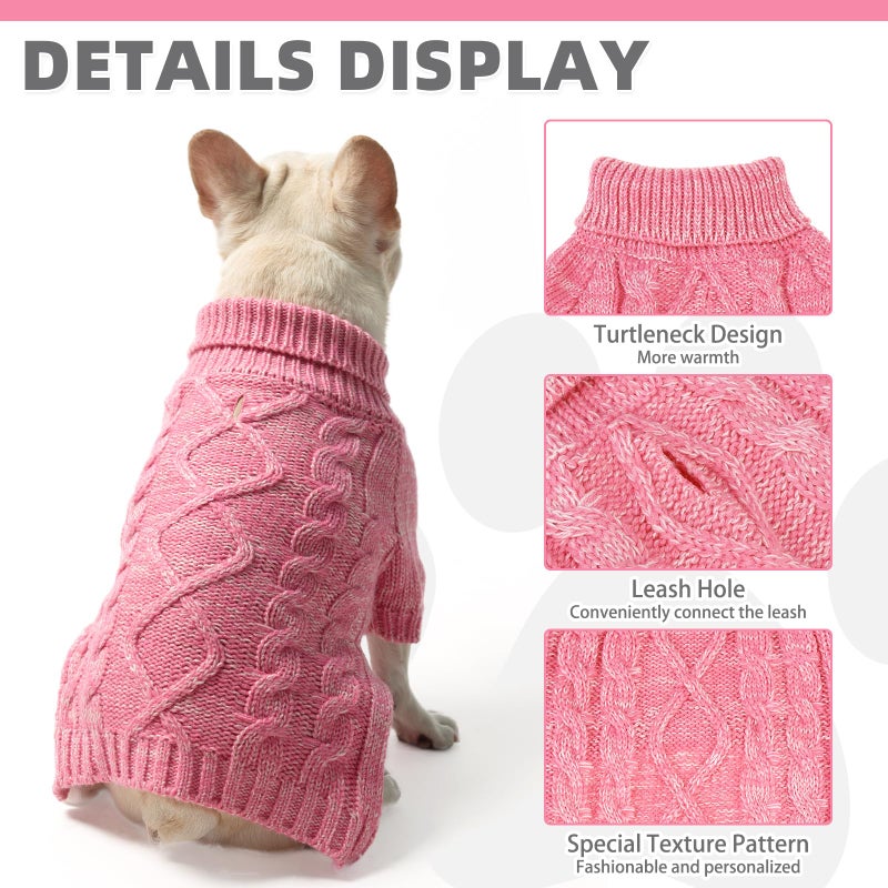 KOOLTAIL Valentines Dog Sweater for Large Medium Small Dogs, Turtleneck Cable Knitwear Pet Cold Weather Coats with Leash Hole, Warm Winter Pullover Clothes for Bulldog, Yorkie,Boy Girl, Pink L - Image 4