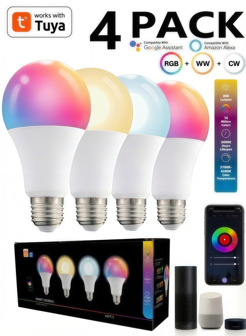 4 مصابيح LED ذكية تعمل بتقنية الواي فاي، 16 مليون لون RGB، قاعدة E27، تحكم عبر تطبيق Tuya، متوافقة مع Alexa ومساعد Google، قابلة للتعتيم، متعددة الألوان - Image 1