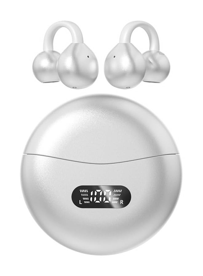 Open Ear Clip Headphones Wireless Earbuds Bluetooth 5.4 Sports Earphones Wireless Charging Case & LED Power Display Waterproof Fitness Headphones for Running (White) - Image 1