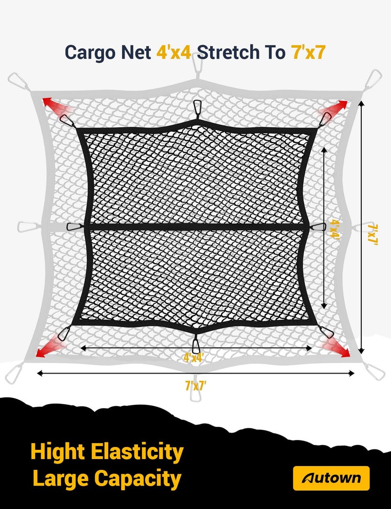AUTOWN Cargo Net for Pickup Truck Bed - Stretchable 4'x4' to 7'x7', High Elastic Fine Mesh 1''x1'' with 8 Metal Carabiners - Ideal for ATV, SUV, UTV, Truck and Boat Use (Single Layer) - Image 3