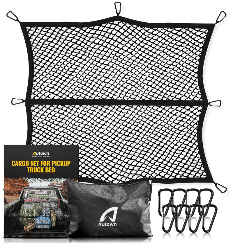 AUTOWN Cargo Net for Pickup Truck Bed - Stretchable 4'x4' to 7'x7', High Elastic Fine Mesh 1''x1'' with 8 Metal Carabiners - Ideal for ATV, SUV, UTV, Truck and Boat Use (Single Layer) - Image 1