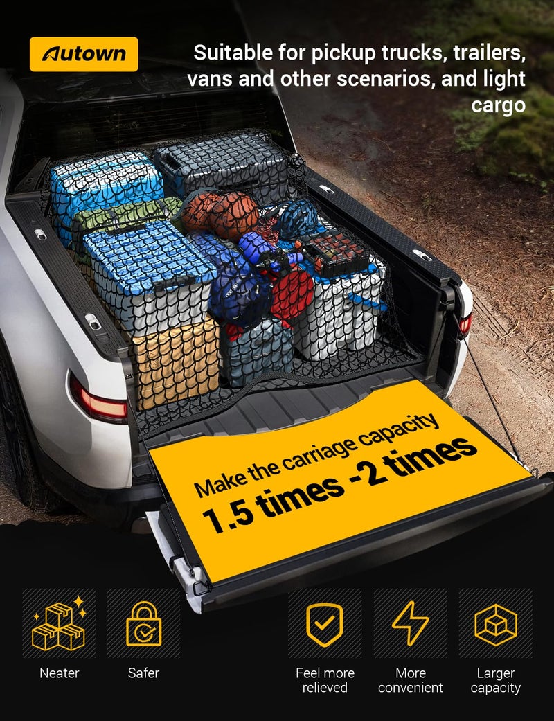 AUTOWN Cargo Net for Pickup Truck Bed - Stretchable 4'x4' to 7'x7', High Elastic Fine Mesh 1''x1'' with 8 Metal Carabiners - Ideal for ATV, SUV, UTV, Truck and Boat Use (Single Layer) - Image 2
