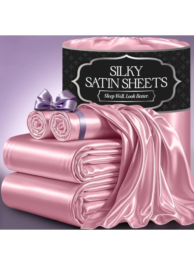 Satin Sheets Queen Size (4 Pieces, 8 Colors) - Silky Satin Sheet Set with 2 Pillowcases, Fitted Sheet - Pink Satin Sheets - Image 1