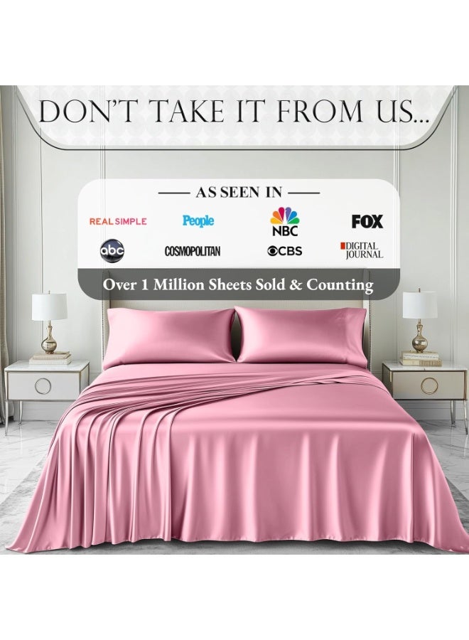 Satin Sheets Queen Size (4 Pieces, 8 Colors) - Silky Satin Sheet Set with 2 Pillowcases, Fitted Sheet - Pink Satin Sheets - Image 4