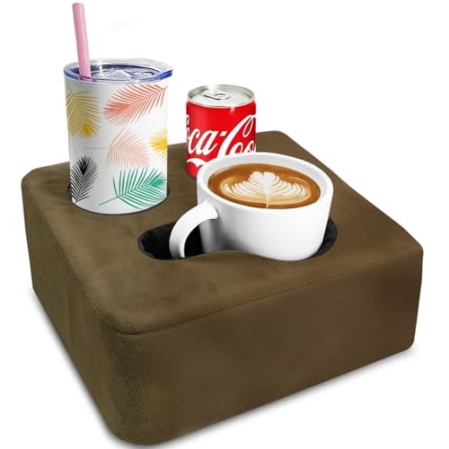 Nisdoing Couch Cup Holder Pillow Tray & Caddy - for Sofa, Bed, Car, Man Cave | Keep Drinks at Hand & Spill-Proof Accessories for New Parents, Camping, Park, Boat, Beach - Brown - Image 1