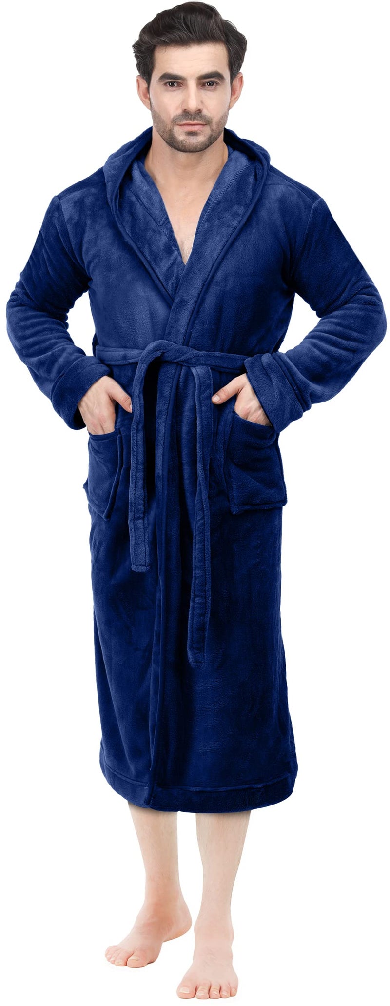 NY Threads روب رجال NY Threads مع غطاء رأس، روب استحمام فخم من الفليس، روب سبا للرجال، صغير/متوسط، أزرق داكن - Image 4