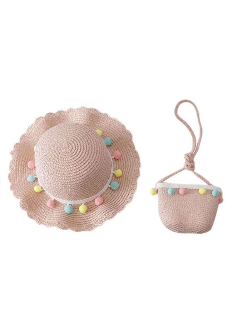 Kids Girls Large Wide Brim Straw Woven Sun Protection Beach Hat Colorful Pompom Ball Summer Floppy Bucket Cap with Portable Handbag  - Image 1