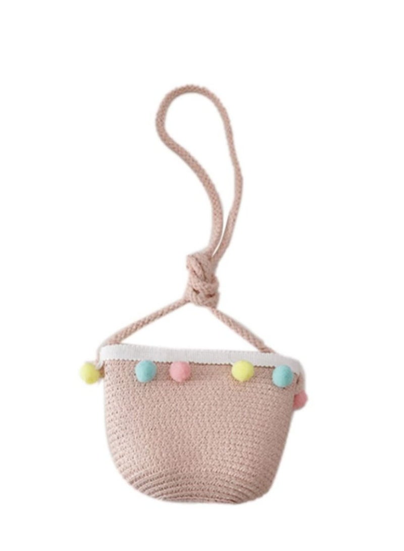 Kids Girls Large Wide Brim Straw Woven Sun Protection Beach Hat Colorful Pompom Ball Summer Floppy Bucket Cap with Portable Handbag  - Image 3