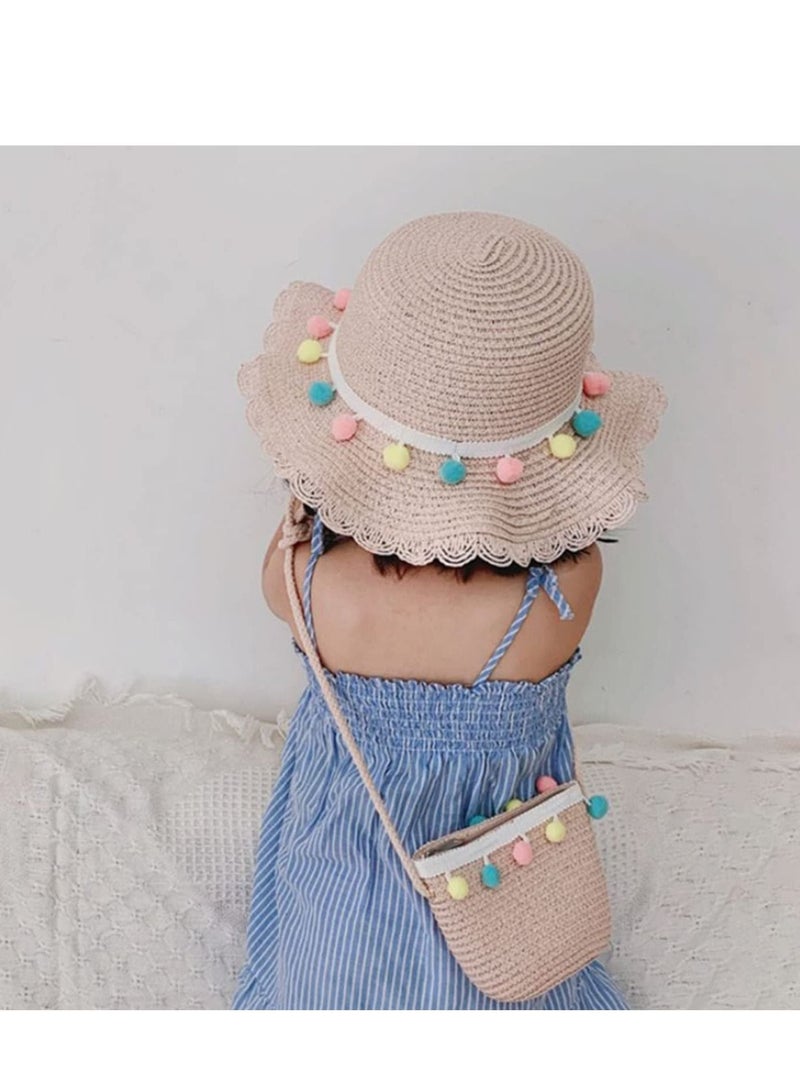 Kids Girls Large Wide Brim Straw Woven Sun Protection Beach Hat Colorful Pompom Ball Summer Floppy Bucket Cap with Portable Handbag  - Image 2