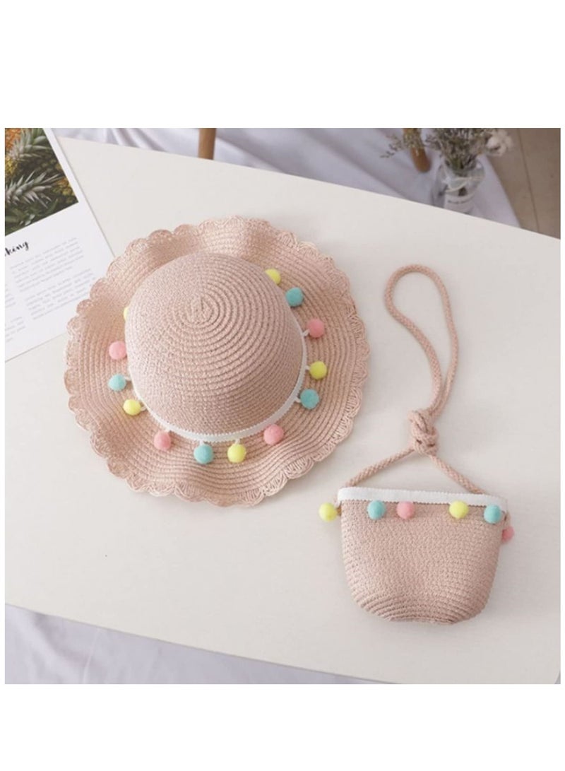 Kids Girls Large Wide Brim Straw Woven Sun Protection Beach Hat Colorful Pompom Ball Summer Floppy Bucket Cap with Portable Handbag  - Image 4