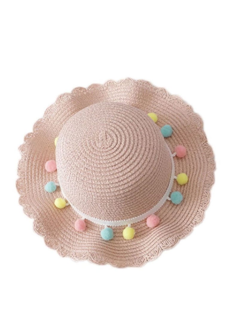 Kids Girls Large Wide Brim Straw Woven Sun Protection Beach Hat Colorful Pompom Ball Summer Floppy Bucket Cap with Portable Handbag  - Image 5