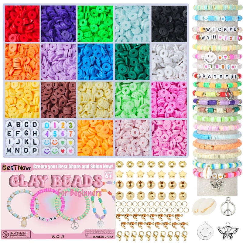 BestNow Clay Beads Bracelet Making Kit Toys for Girls Kids Charms Kit 18 Colors Friendship Bracelet Kit Letter Beads DIY Crafts Teen Girl Gifts Toys for Ages 6 7 8 9 10 11 12 - Image 1