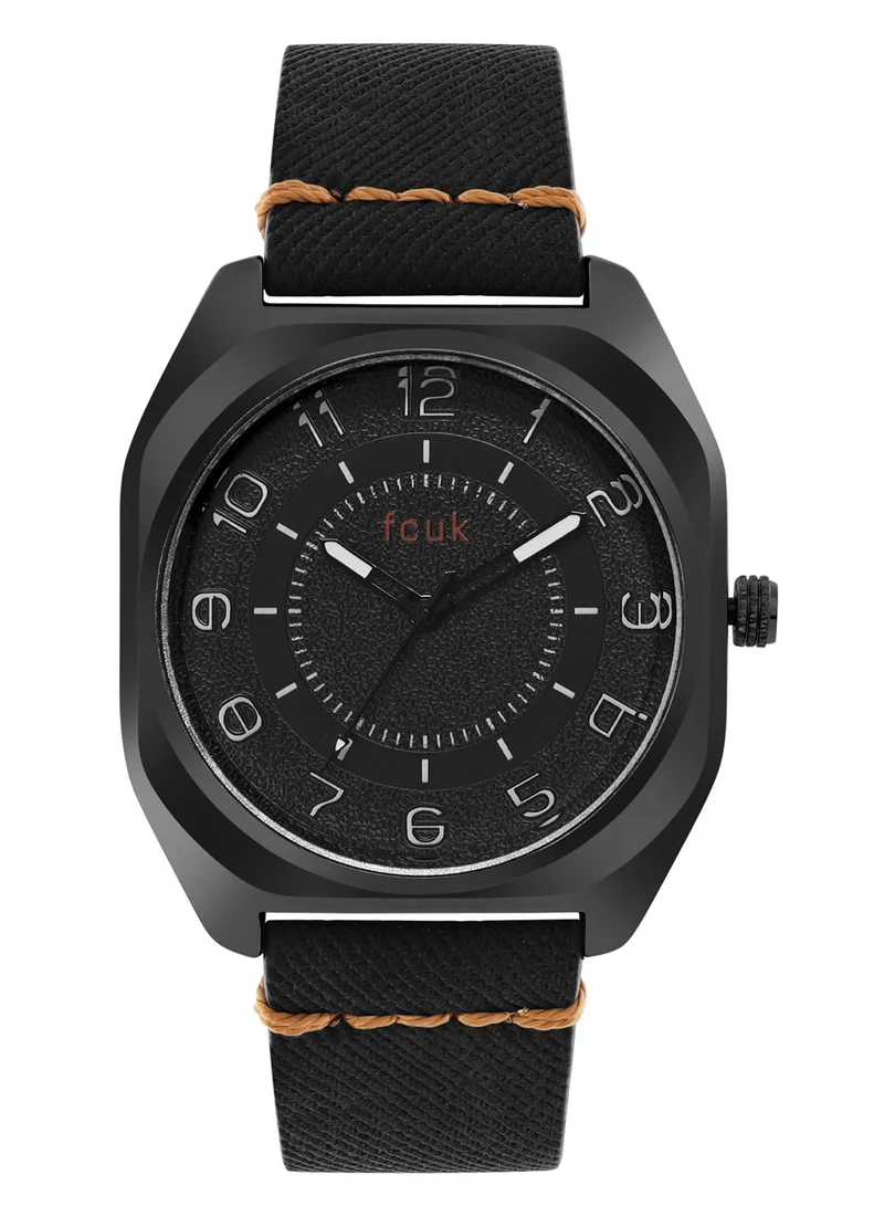 French Connection Men Analog Watch With Black Leather Strap 42 mm