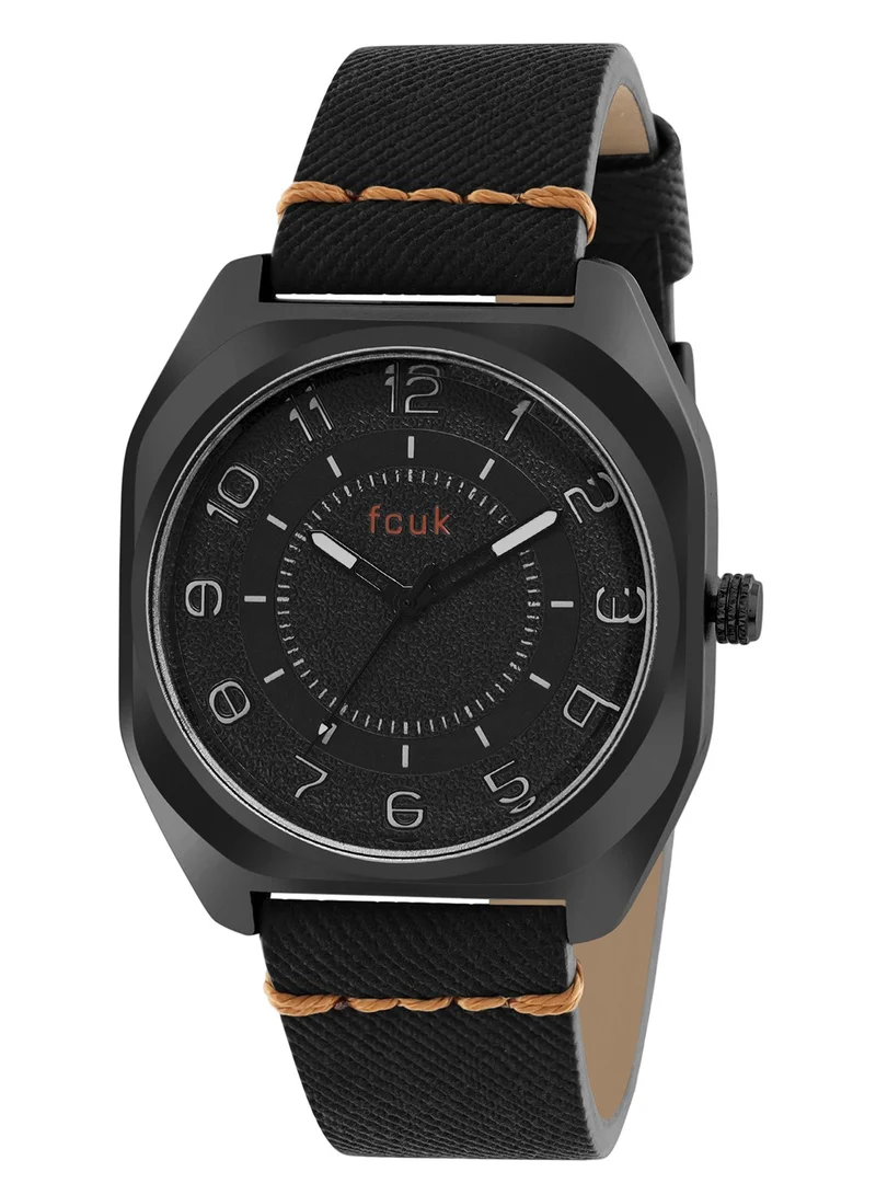 French Connection Men Analog Watch With Black Leather Strap 42 mm