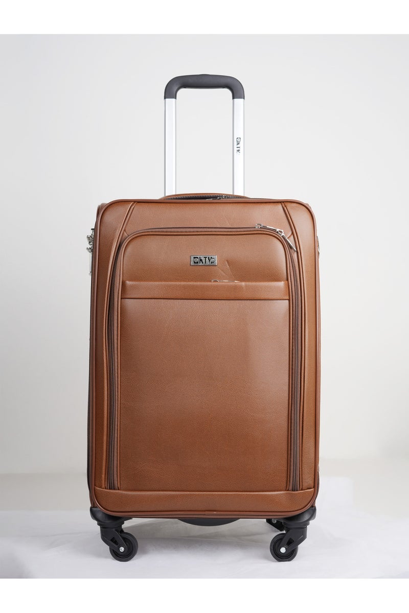 KTMC Small Leather Luggage Lightweight Trolley Bag with 4 Spinner Wheels and Built in Combination Lock 22 inch Light Brown - Image 1