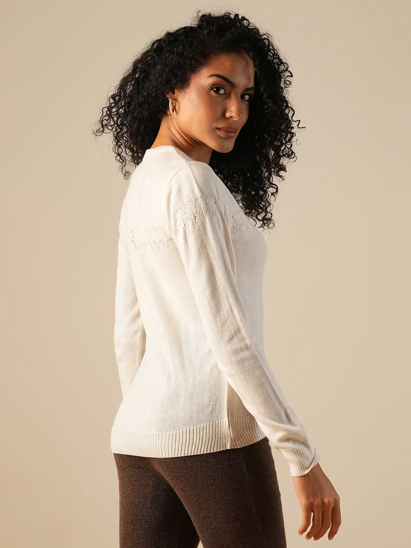 globus Women Round Neck Long Sleeves Self Design Knitted Ribbed Hem Pullover Sweater