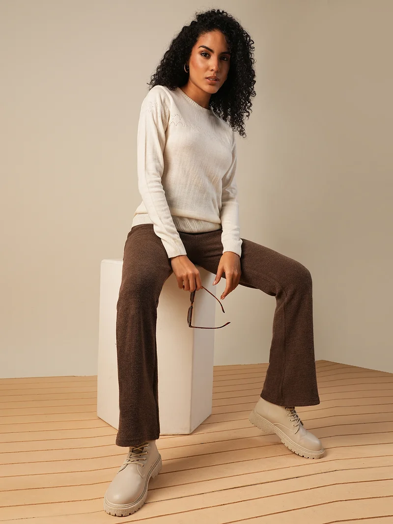 globus Women Round Neck Long Sleeves Self Design Knitted Ribbed Hem Pullover Sweater