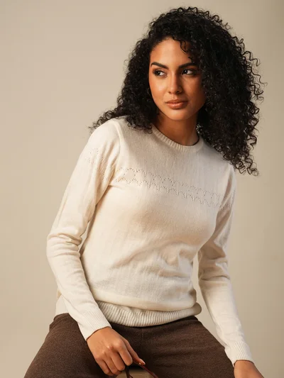 globus Women Round Neck Long Sleeves Self Design Knitted Ribbed Hem Pullover Sweater