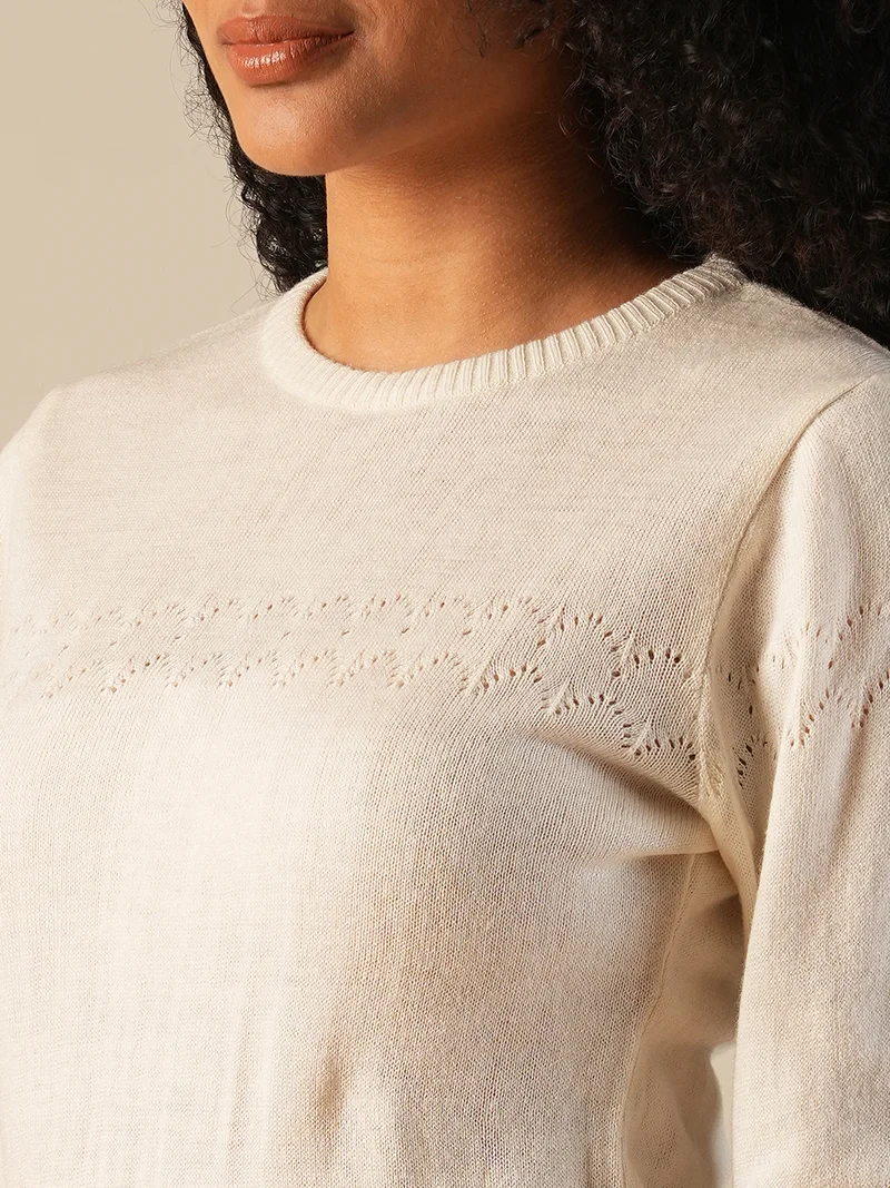 globus Women Round Neck Long Sleeves Self Design Knitted Ribbed Hem Pullover Sweater