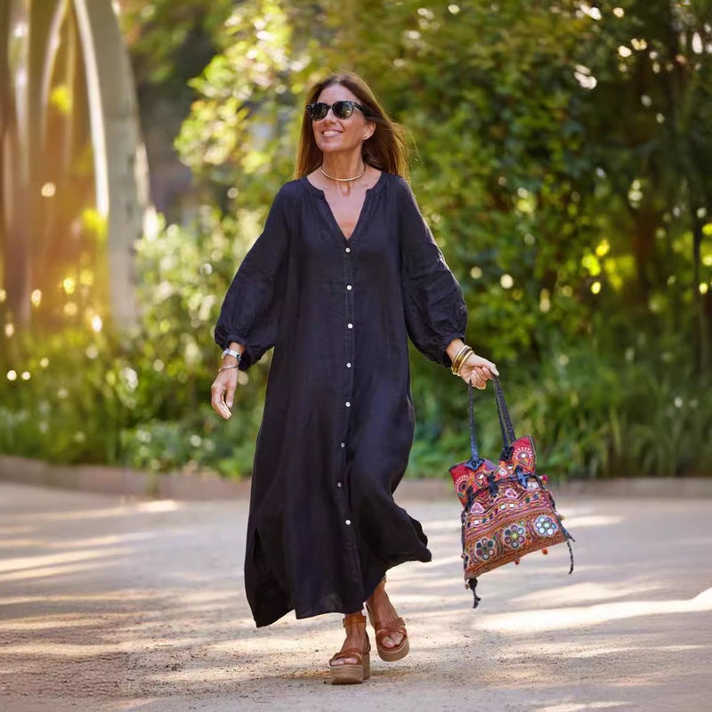 2024 new autumn and winter cross-border Amazon cotton and linen shirt fashion casual long sleeve cardigan dress women black  - Image 5
