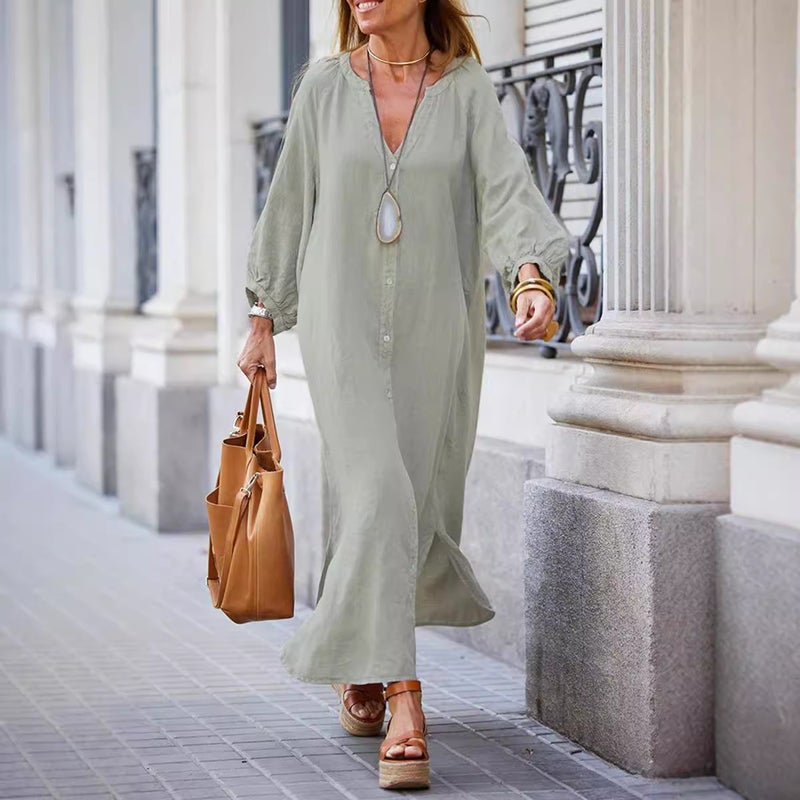 2024 new autumn and winter cross-border Amazon cotton and linen shirt fashion casual long sleeve cardigan dress women black  - Image 3