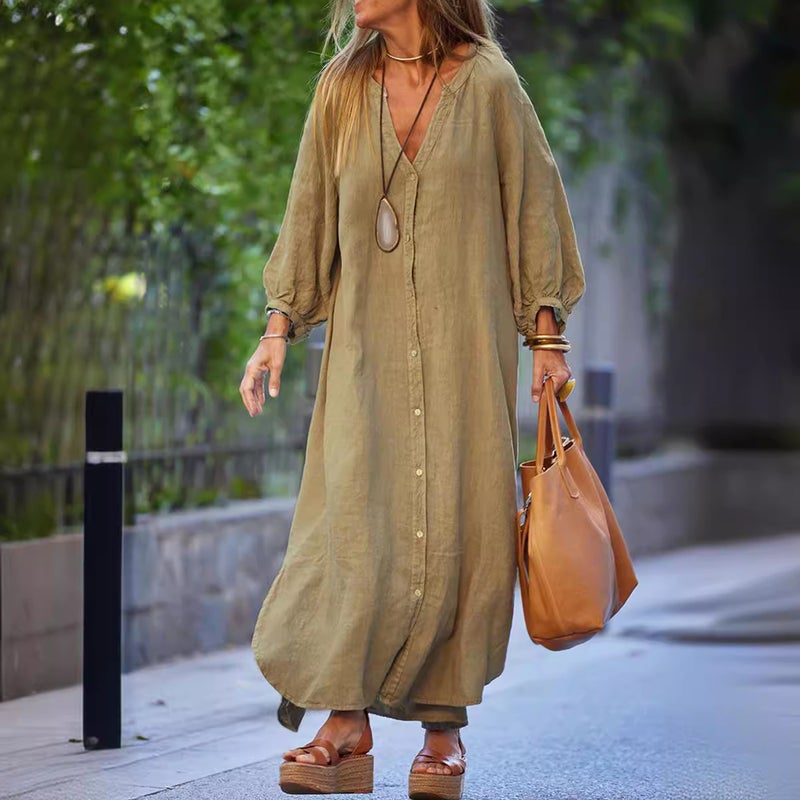 2024 new autumn and winter cross-border Amazon cotton and linen shirt fashion casual long sleeve cardigan dress women black  - Image 4