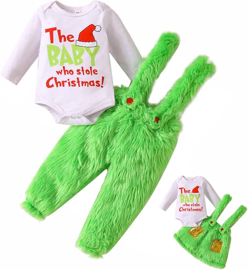 cheekyglo Christmas Baby Bodysuit Plush Overalls Set for Baby, Cute Print Crew Neck Romper Furry Suspender Pants Clothes Set - Image 1