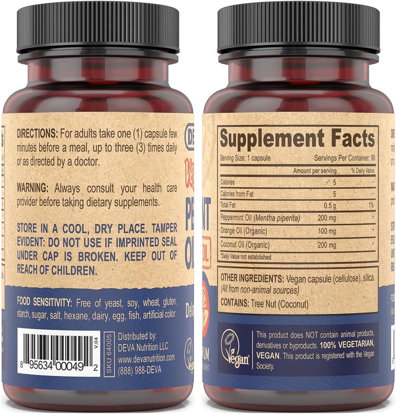 Deva Vegan Peppermint Oil Capsules, Delayed Release, 2-Pack with Organic Orange & Coconut Oils, 90 Count Ea - Image 2
