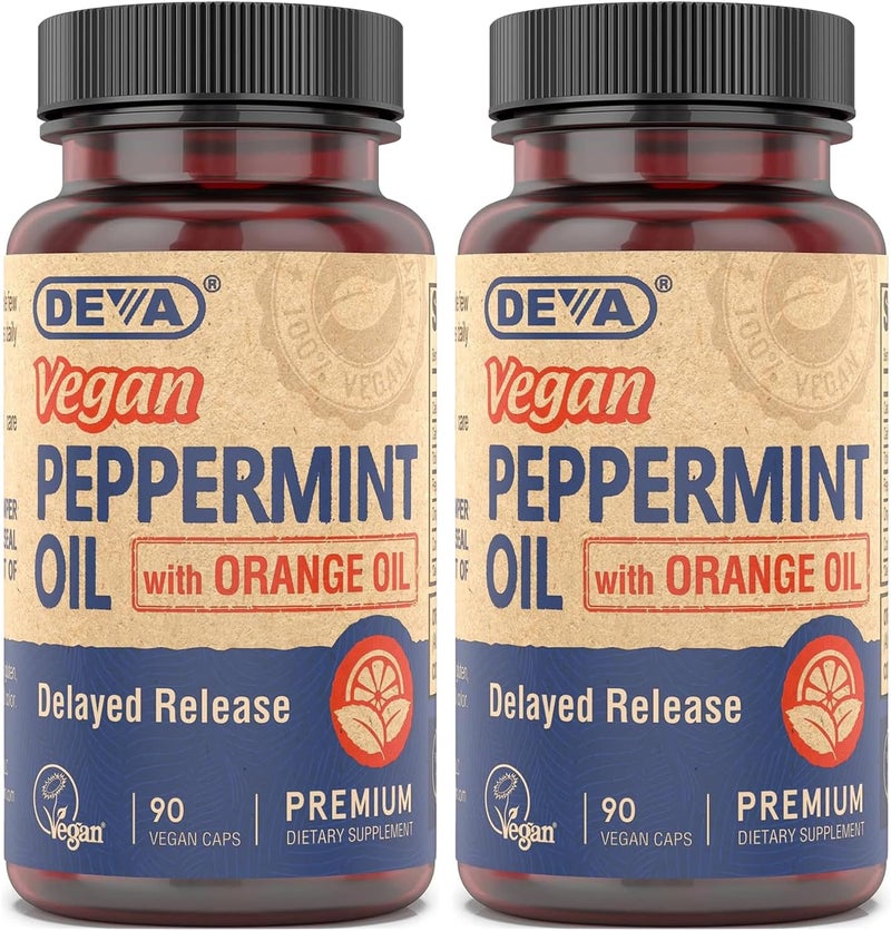 Deva Vegan Peppermint Oil Capsules, Delayed Release, 2-Pack with Organic Orange & Coconut Oils, 90 Count Ea - Image 1