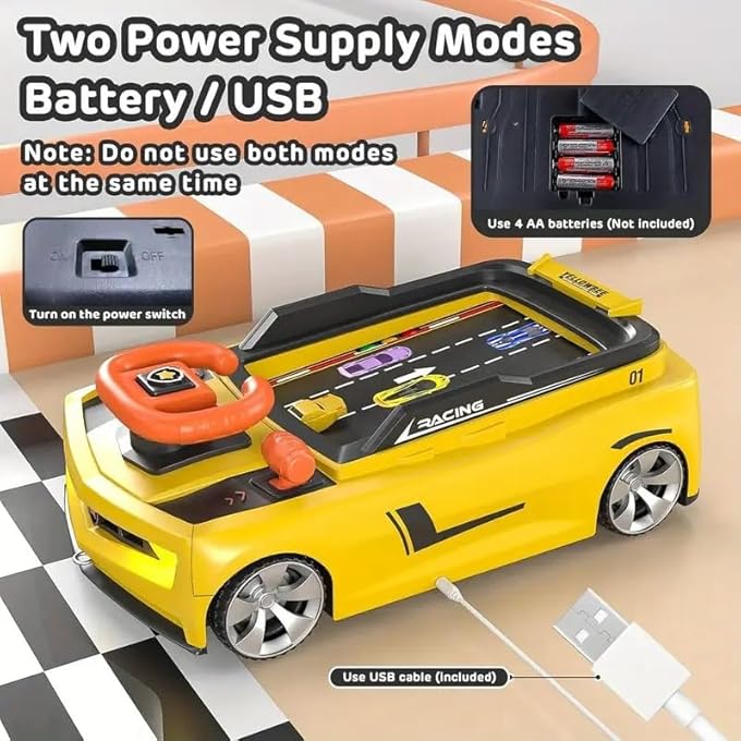 CAR RACING ADVENTURE TOY - MUSICAL STEERING WHEEL RACING CAR FOR TODDLERS, SIMULATED DRIVING GAME WITH SOUNDS, 4-WHEELED BLACK CAR (YELLOW) - Image 3