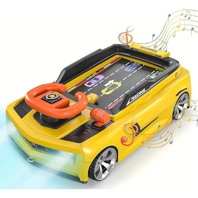 CAR RACING ADVENTURE TOY - MUSICAL STEERING WHEEL RACING CAR FOR TODDLERS, SIMULATED DRIVING GAME WITH SOUNDS, 4-WHEELED BLACK CAR (YELLOW) - Image 2