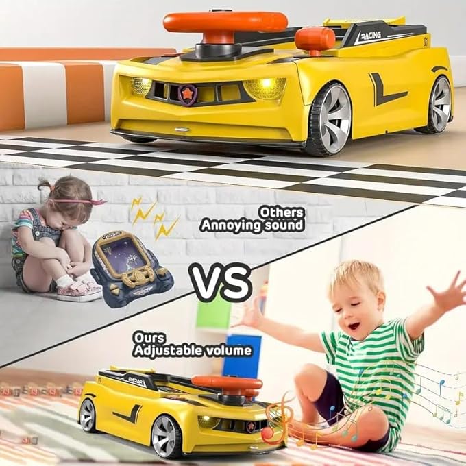 CAR RACING ADVENTURE TOY - MUSICAL STEERING WHEEL RACING CAR FOR TODDLERS, SIMULATED DRIVING GAME WITH SOUNDS, 4-WHEELED BLACK CAR (YELLOW) - Image 4