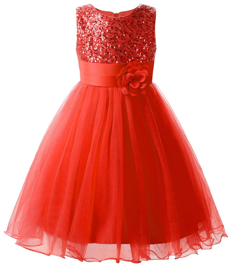 Uhnice Sequin Sleeveless Tulle Mesh Flower Girl Party Dress (5, Red) - Image 1