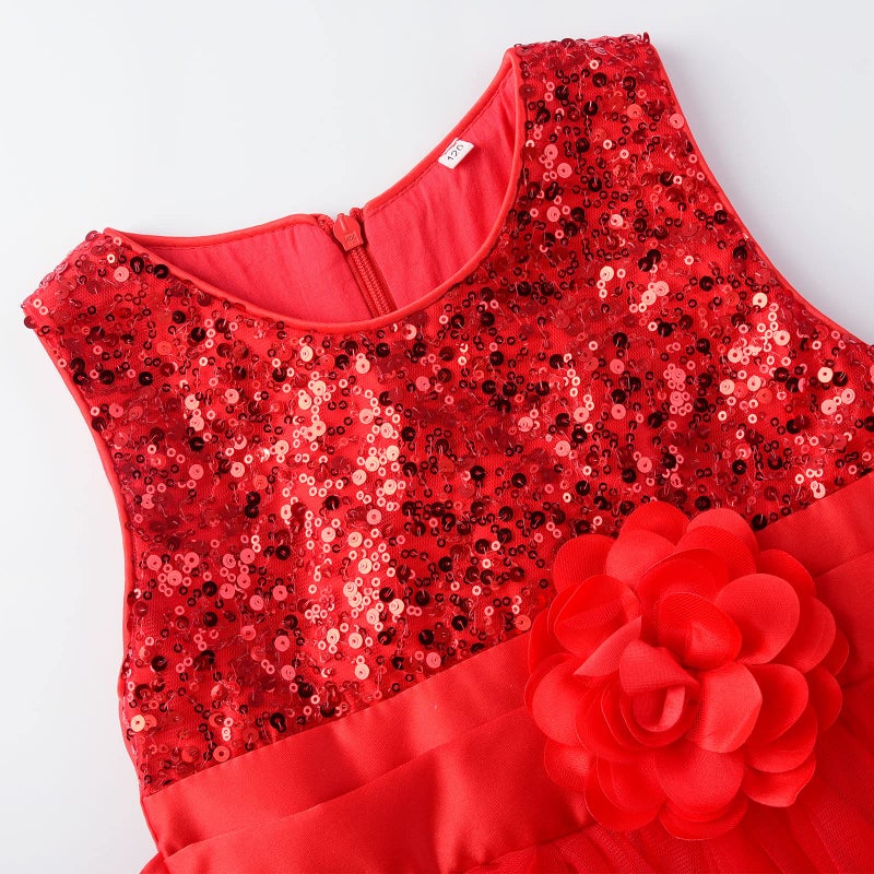 Uhnice Sequin Sleeveless Tulle Mesh Flower Girl Party Dress (5, Red) - Image 4