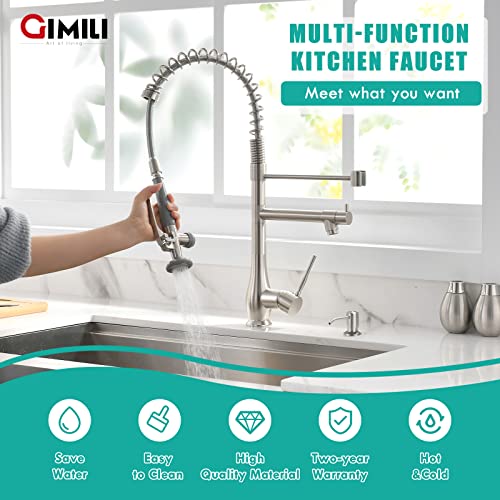 GIMILI صنبور مطبخ تجاري GIMILI مع رشاش قابل للسحب، صنبور مطبخ بضغط عالي بمقبض واحد ورأسين مع موزع صابون من النيكل المصقول - Image 5
