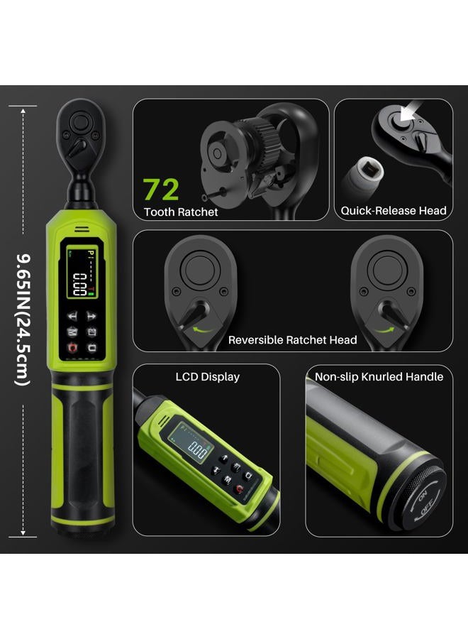 XEIMILE Digital Torque Wrench 1/4" Drive-4-266In.Lb/0.45-30N.m, Electric Torque Wrench With Vibration Buzzer LED Indicator,±2% Accuracy Five Units for Bike Motorcycle Car Auto Repair,DIY,Green Black - Image 3