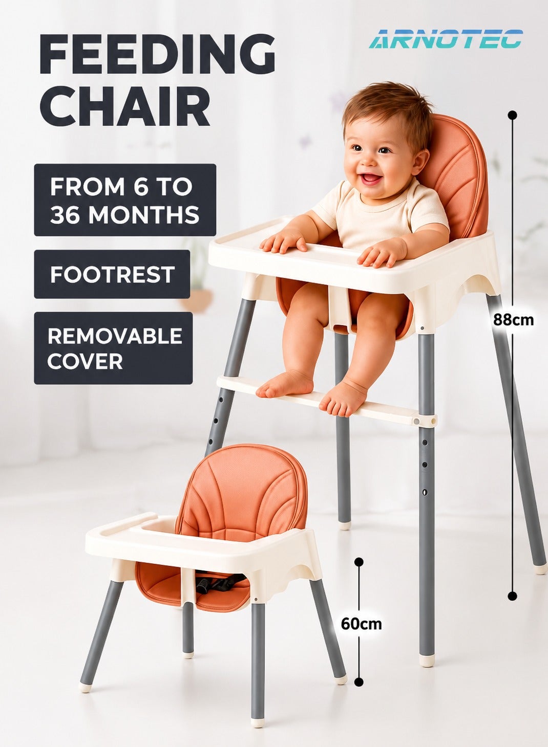 Baby High Chair – Adjustable Toddler Highchair with Removable Tray, 3-Point Harness, Footrest, Easy to Clean, Removable for Storage, Ideal for Babies 6 Months to 6 Years