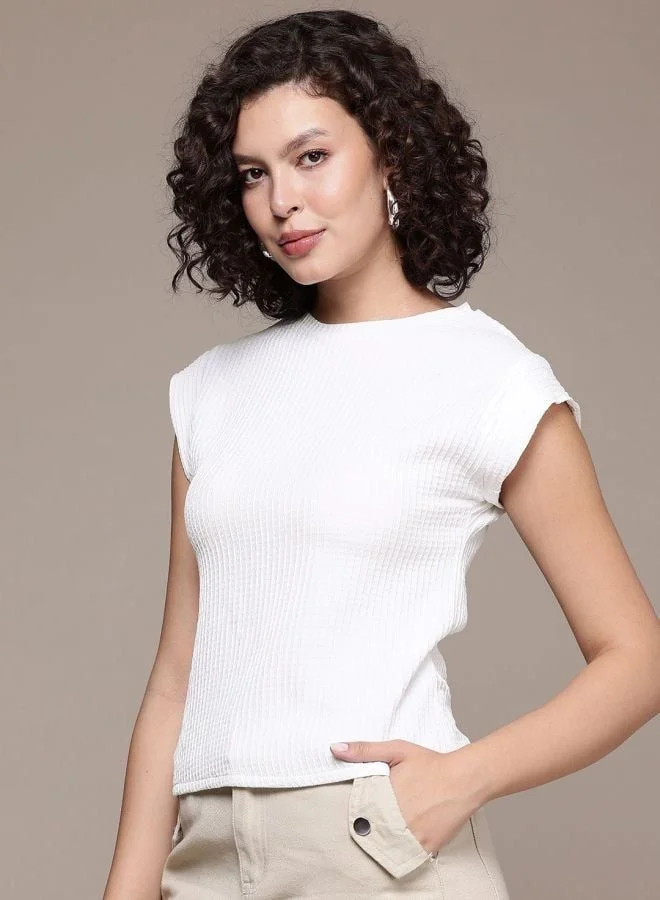 Women Boxy Fit Textured Round Neck Sleeveless Regular Top
