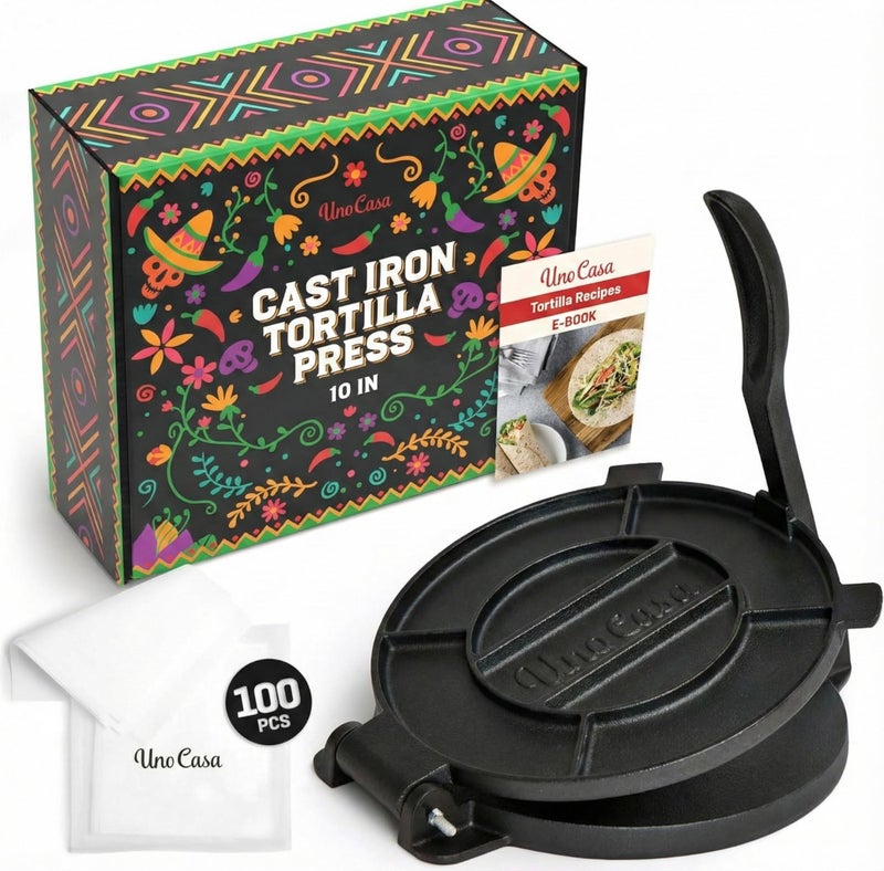 Uno Casa Cast Iron Tortilla Press 10 Inch - Tortilla Maker Press, Pre-Seasoned Roti Maker with 100 Pcs Parchment Paper - Heavy Duty Quesadilla Maker for Homemade Flatbreads, Rotis, Empanadas - Image 1