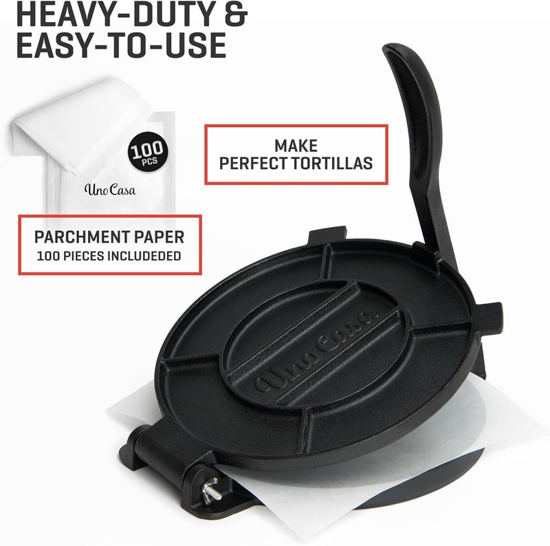 Uno Casa Cast Iron Tortilla Press 10 Inch - Tortilla Maker Press, Pre-Seasoned Roti Maker with 100 Pcs Parchment Paper - Heavy Duty Quesadilla Maker for Homemade Flatbreads, Rotis, Empanadas - Image 4