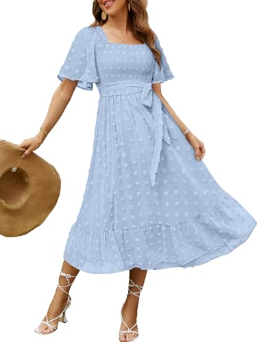 Amegoya Women's Spring Boho Midi Dress Elegant Square Neck Swiss Dot Smocked Flowy Dress for Wedding Guest (Light Blue XL) - Image 1