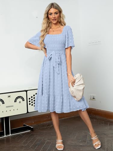 Amegoya Women's Spring Boho Midi Dress Elegant Square Neck Swiss Dot Smocked Flowy Dress for Wedding Guest (Light Blue XL) - Image 2
