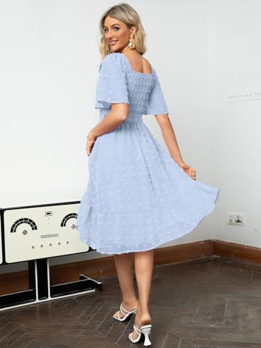 Amegoya Women's Spring Boho Midi Dress Elegant Square Neck Swiss Dot Smocked Flowy Dress for Wedding Guest (Light Blue XL) - Image 4