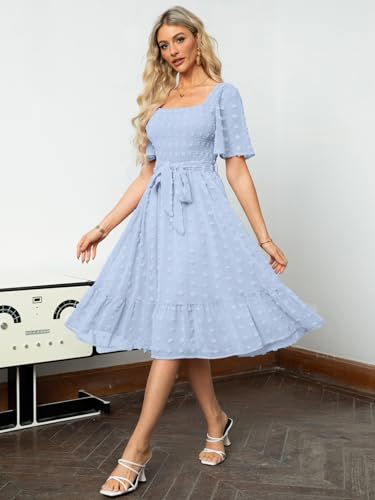 Amegoya Women's Spring Boho Midi Dress Elegant Square Neck Swiss Dot Smocked Flowy Dress for Wedding Guest (Light Blue XL) - Image 3