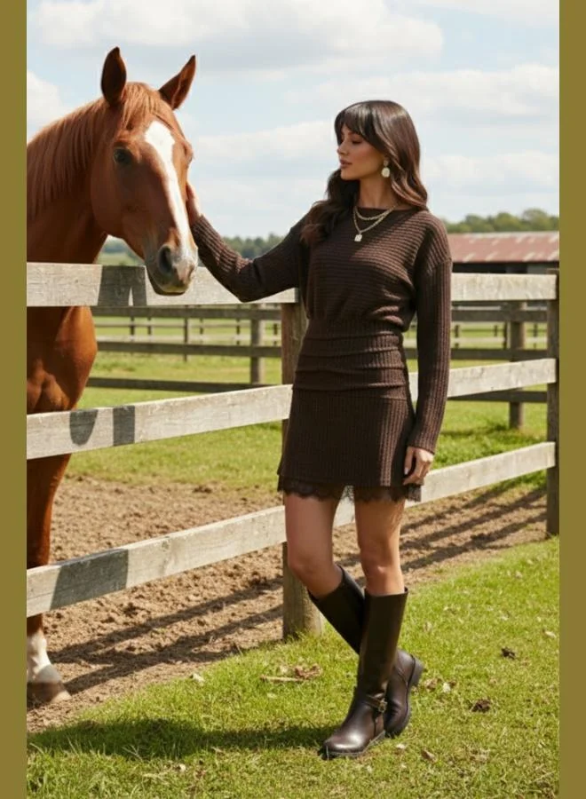 Lela Lela Regular Fit Boat Neck Lace Detail Mini Knit Dress Women's Dress 59135527